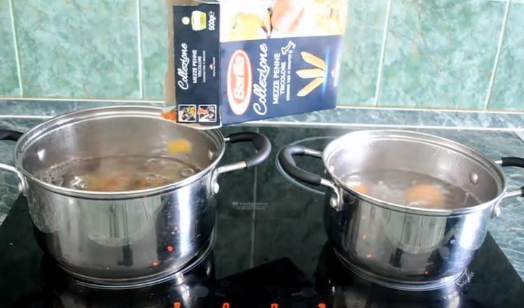 Cook pasta and eggs.