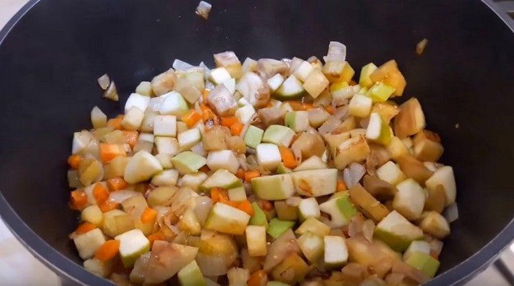 Add zucchini and eggplant to the cauldron.