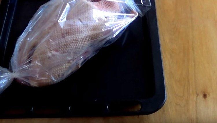 put the bird on a baking sheet and bake the duck in the sleeve in the oven.