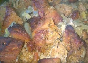 We cook a delicious barbecue in the oven from pork in the sleeve according to a step-by-step recipe with a photo.