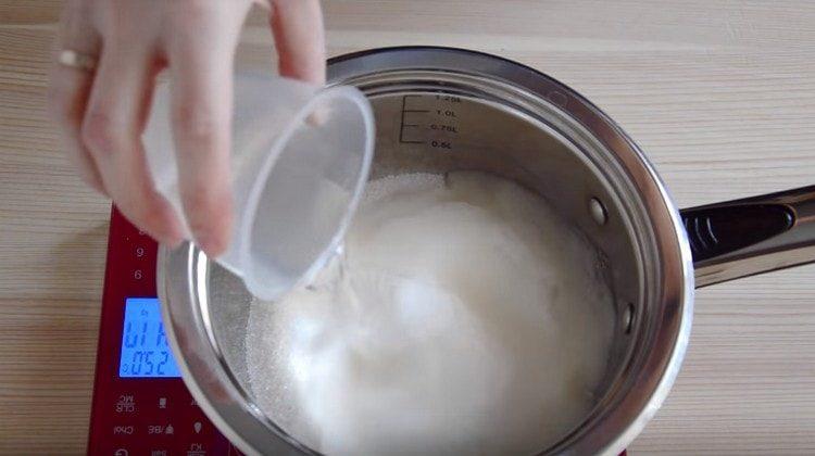 Add water to sugar.