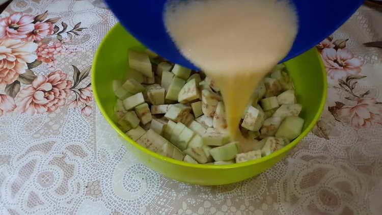 pour egg mass into eggplant