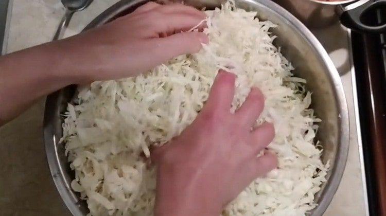 Knead the cabbage with your hands, adding salt to it.