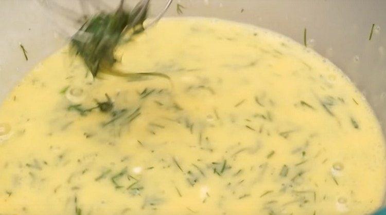 Beat eggs with sour cream and chopped herbs separately.