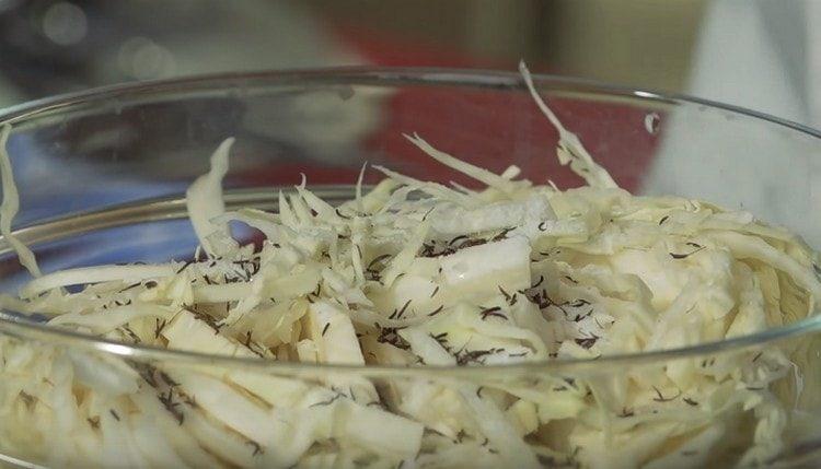 Shred the cabbage, add the cumin, salt and knead.