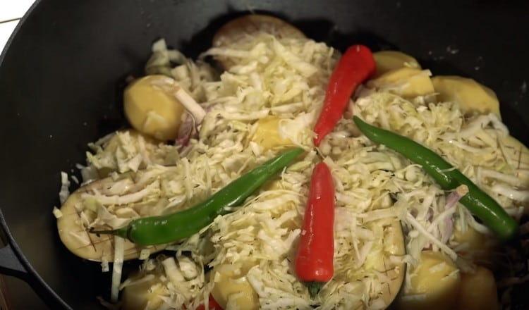 Next, add the hot pepper pods.