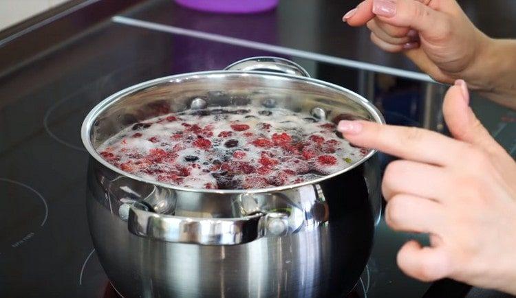 Put the berries in the pan, add sugar, water and bring to a boil.