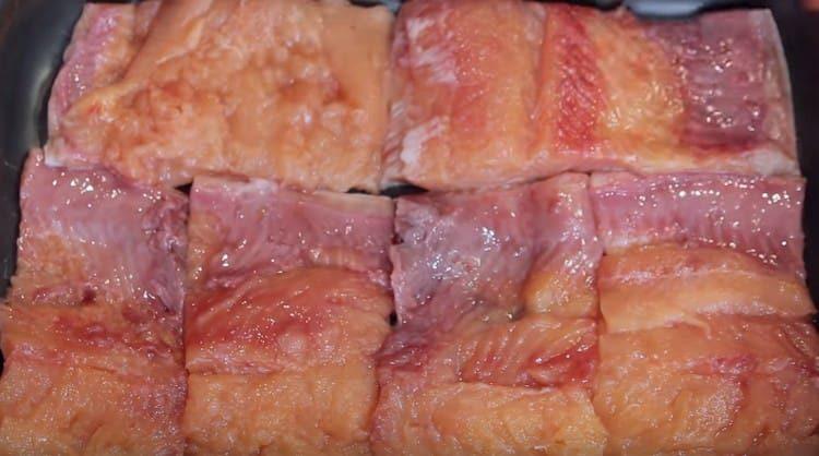 put the pieces of fish in a baking dish.