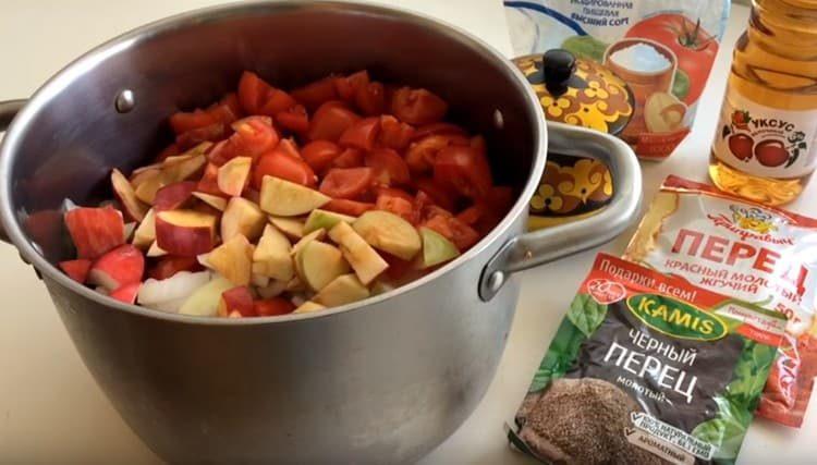 We put vegetables and fruits in a pan and set to cook.