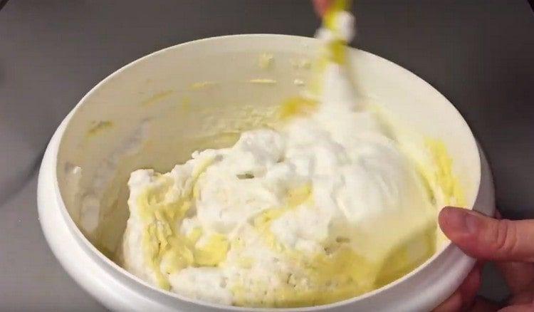 Gently mix the whipped proteins into the dough.