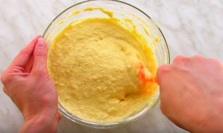 Add dry ingredients to the liquid components and mix.