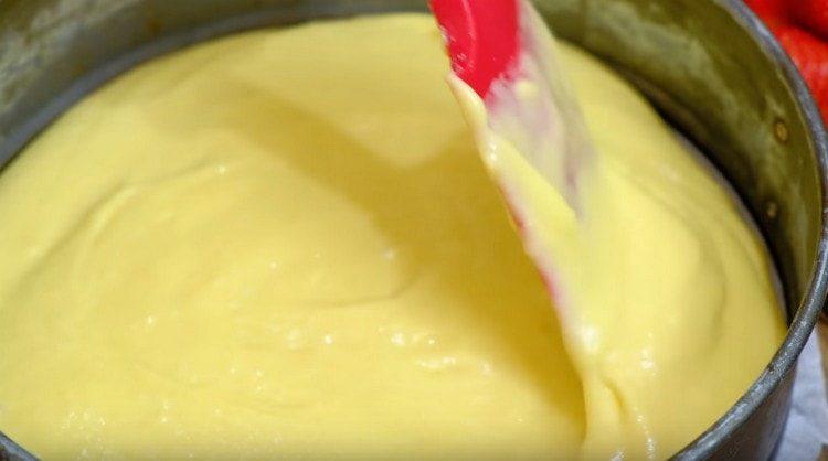 Pour half the dough into a parchment-covered form.