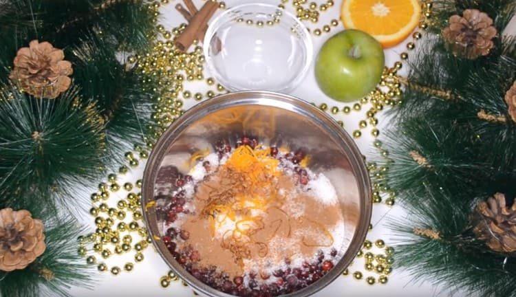 Add sugar, orange zest, cinnamon.