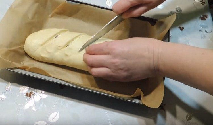 We twist the dough into a roll, put it on a baking sheet, make cuts on it.