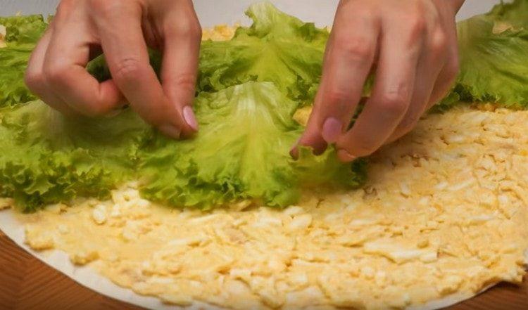 Distribute the egg filling on a sheet of pita bread, spread lettuce on top.