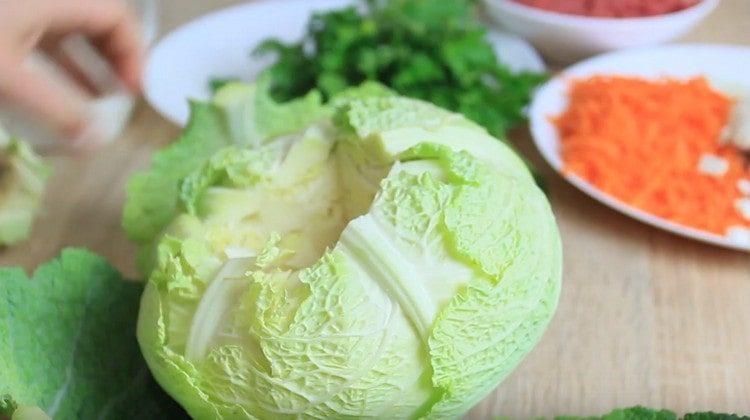 At the head of cabbage we cut out the stump.