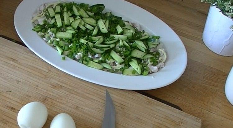 on top of the chicken with mayonnaise, spread the green onions and cucumbers.