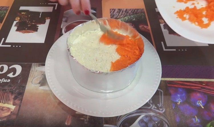 Next, lay out a layer of proteins, and then carrots.