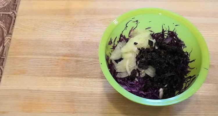 add onion and prunes to the cabbage