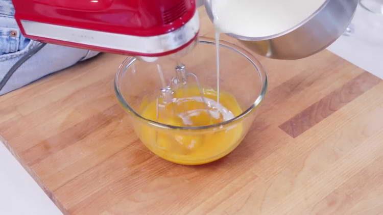 pour cream into the egg mixture