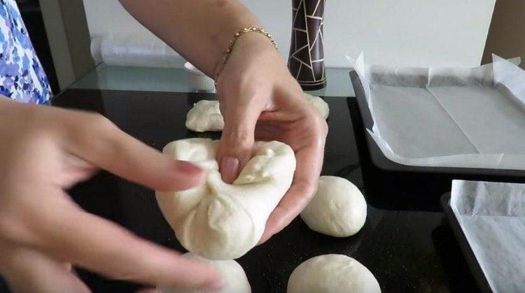 We crush each piece of dough.