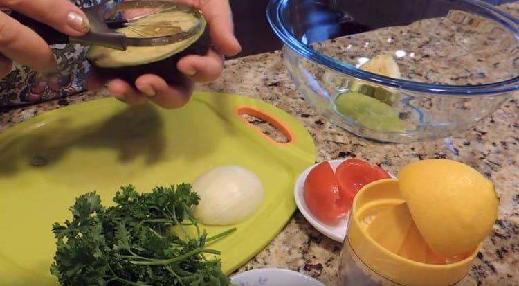 take out the flesh from the avocado.