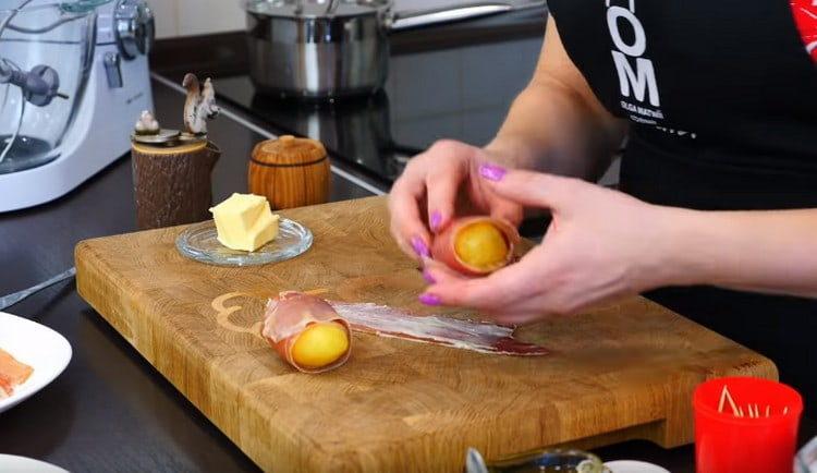 Wrap potatoes in bacon.