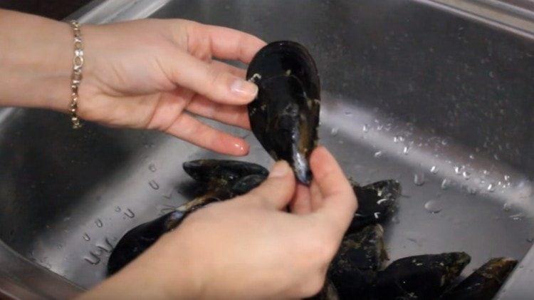 First, mussels should be thoroughly washed with algae.