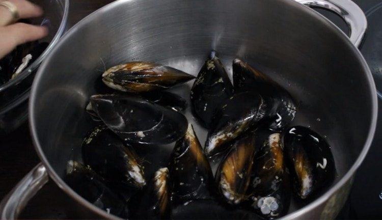 Put the mussels into the wine.