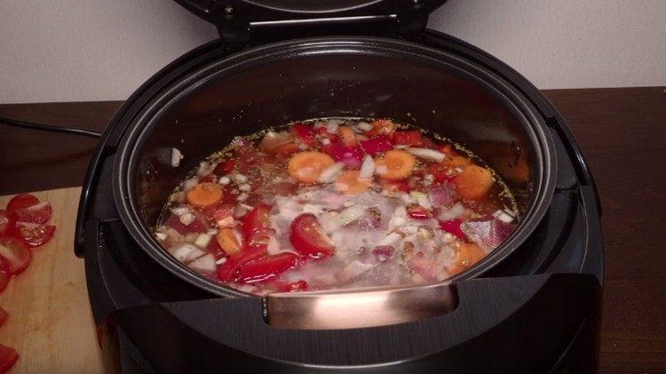 We spread tomatoes in a slow cooker.