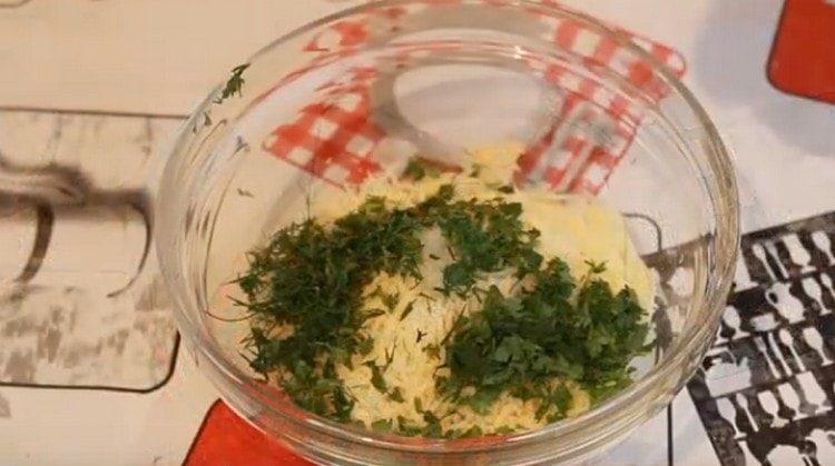 Grind fresh herbs and add to cheese.