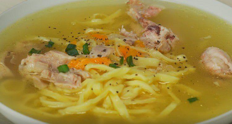 When serving in a soup with homemade noodles, add portions of chicken in portions.