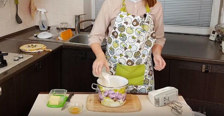 Add milk and butter to mashed potatoes.