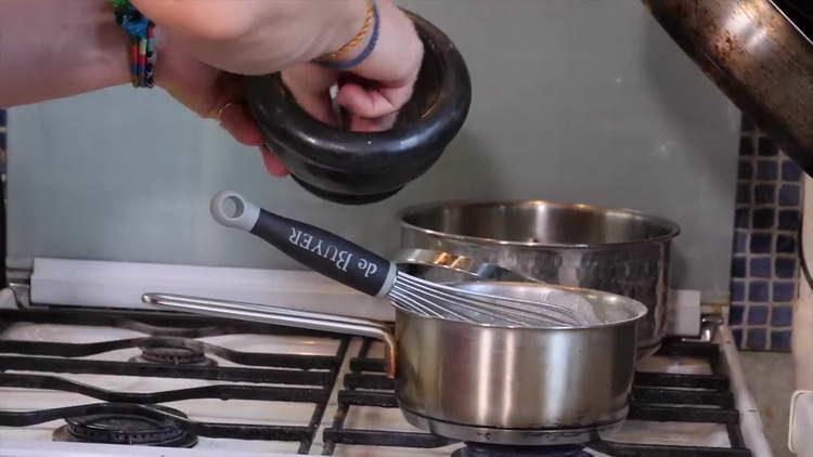 pour spices into the sauce