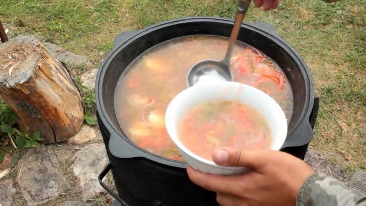 Very tasty shurpa in a cauldron